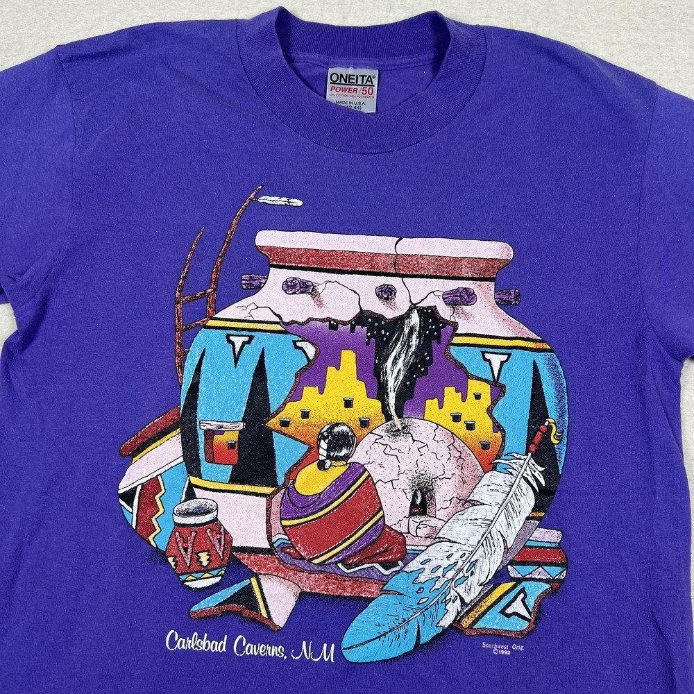Vintage New Mexico Carlsbad Caverns Shirt Mens L Oneita Native Tribal Purple 90s
